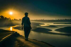 un hombre camina a lo largo un camino a puesta de sol. generado por ai foto