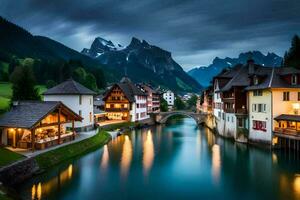 photo wallpaper the sky, mountains, river, houses, switzerland, europe. AI-Generated