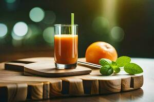 a glass of orange juice on a cutting board. AI-Generated photo