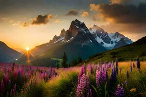 the sun rises over the mountains and flowers in the foreground. AI-Generated photo