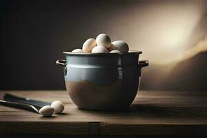 a bowl filled with eggs on a table. AI-Generated photo