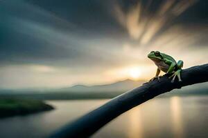 a frog sits on a branch in front of a lake. AI-Generated photo