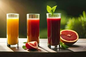 three glasses of juice with slices of fruit. AI-Generated photo