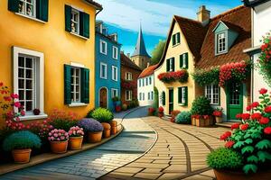 a painting of a street with flowers and flowers. AI-Generated photo