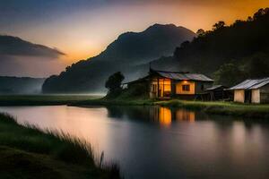 a small house sits on the edge of a river at sunset. AI-Generated photo
