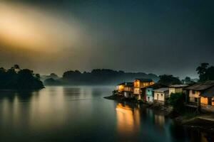 a river at night with houses on the shore. AI-Generated photo
