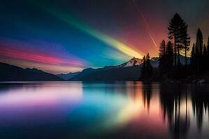 a colorful aurora lights up the sky over a lake. AI-Generated photo