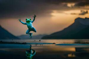 a frog jumping in the air on a lake. AI-Generated photo