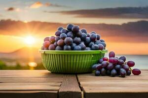 grapes in a basket on a wooden table. AI-Generated photo