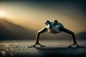 a frog standing on the ground with its legs spread. AI-Generated photo