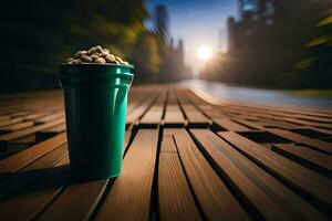 a green cup sitting on a wooden table with peanuts. AI-Generated photo