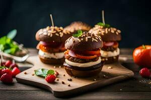 mini burgers on a wooden board with tomatoes and herbs. AI-Generated photo