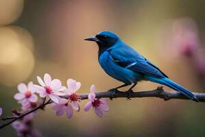 a blue bird sits on a branch with pink flowers. AI-Generated photo