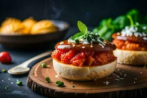 two small sandwiches with tomato sauce on a wooden board. AI-Generated photo