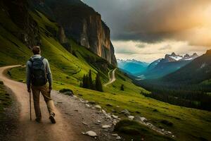 a man with a backpack walks down a path in the mountains. AI-Generated photo