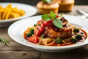 un plato de comida con pasta y vegetales. generado por ai foto