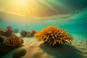 an underwater scene with coral and sea anemones. AI-Generated photo