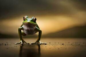 un rana en pie en un mojado superficie con un oscuro cielo. generado por ai foto