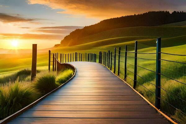 a wooden walkway leads to a sunset in the middle of a field. AI-Generated