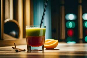 a drink with an orange slice and a straw. AI-Generated photo