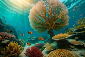 an underwater scene with coral reefs and fish. AI-Generated photo