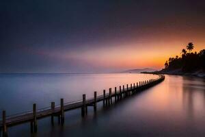 un largo exposición fotografía de un muelle en el océano. generado por ai foto