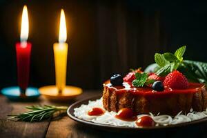 cake with berries and candles on a wooden table. AI-Generated photo