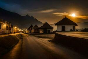 un la carretera en el montañas a noche con un lleno Luna. generado por ai foto