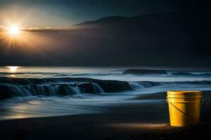 a bucket sits on the beach at sunset. AI-Generated photo