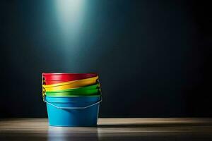 a stack of colorful buckets on a wooden table. AI-Generated photo