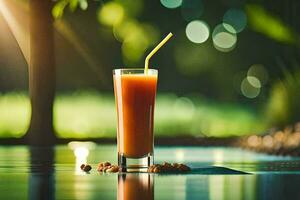 a glass of orange juice sitting on the edge of a pool. AI-Generated photo