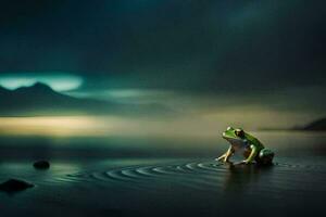 a frog sitting on the edge of a lake in the dark. AI-Generated photo