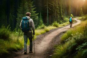 two people with backpacks walking on a trail in the forest. AI-Generated photo