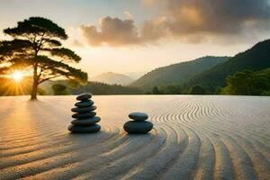 zen jardín, Japón, atardecer, zen, meditación, meditación, zen jardín,. generado por ai foto