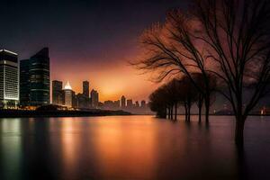 el ciudad horizonte a noche con arboles y agua. generado por ai foto