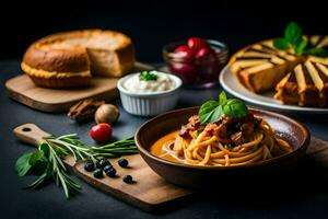 espaguetis con carne salsa y un pan en un de madera mesa. generado por ai foto