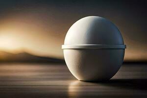 un huevo sentado en un mesa con un puesta de sol en el antecedentes. generado por ai foto