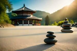 a stone pile in the sand with a pagoda in the background. AI-Generated photo