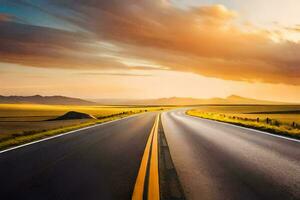 un vacío la carretera estiramientos a través de el horizonte a puesta de sol. generado por ai foto