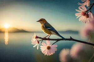 photo wallpaper the sky, flowers, bird, water, sunset, bird, water, nature,. AI-Generated