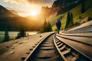 un hombre caminando a lo largo un ferrocarril pista en el montañas. generado por ai foto