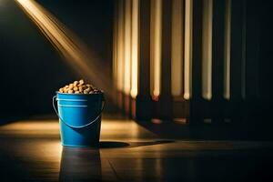 a bucket of peanuts sitting on a wooden floor. AI-Generated photo