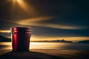 a red bucket sitting on the ground near the ocean. AI-Generated photo