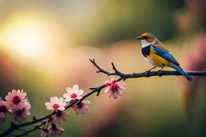 photo wallpaper the sun, bird, flowers, spring, the sun, bird wallpaper. AI-Generated