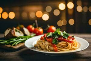 spaghetti with tomato sauce and bread on a wooden table. AI-Generated photo