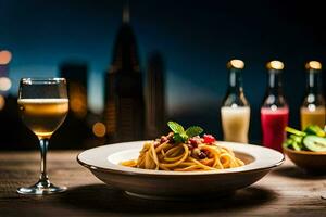 a plate of spaghetti and wine on a table with a cityscape in the background. AI-Generated photo