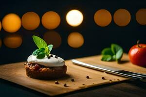 a dessert on a wooden cutting board with a knife and fork. AI-Generated photo