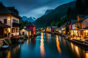 un río carreras mediante un pueblo a noche. generado por ai foto