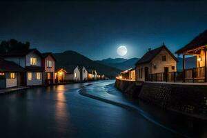un río carreras mediante un pueblo a noche con un lleno Luna. generado por ai foto
