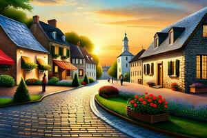 a painting of a street in the village at sunset. AI-Generated photo